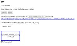 OTA update interface with selected file OpenW800 1.18.245 and chipset W800