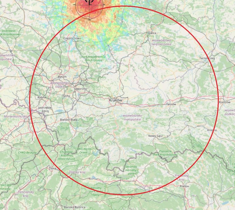 Map showing the reception range of a signal around Krakow, marked with a red line.