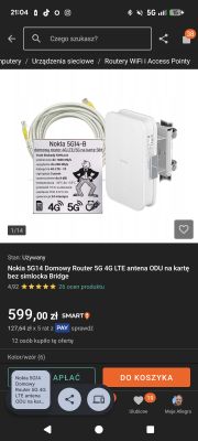 Zrzut ekranu oferty Allegro routera Nokia 5G14-B z przewodem; cena 599,00 zł