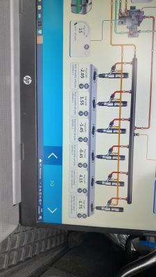 Ekran komputera diagnostycznego pokazujący parametry wtryskiwaczy silnika.