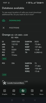 Ekran aplikacji NetMonster z danymi sygnału Orange 4G i 5G na zewnątrz budynku