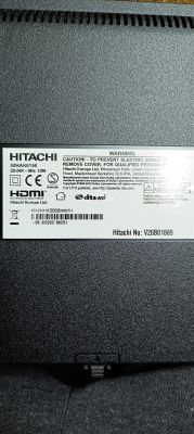 Nameplate of a Hitachi 50HAK6150 TV with technical specifications and warnings.