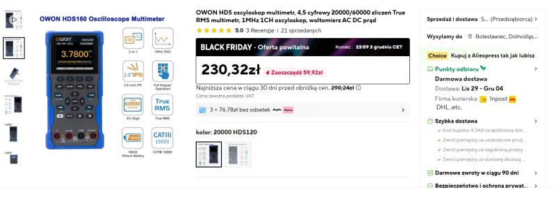 Ofertowa strona OWON HDS160 oscyloskopu multimetru z ceną promocyjną