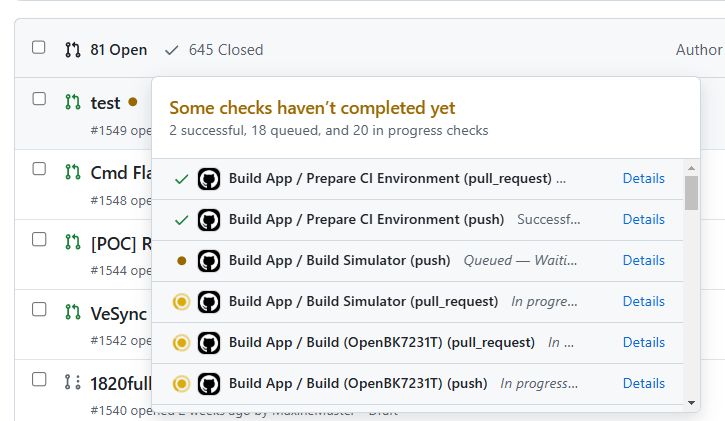 Task list in progress on a version control platform with status information.