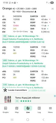 Zrzut ekranu z aplikacji monitorującej sygnały LTE dla sieci Orange w Zabrzu