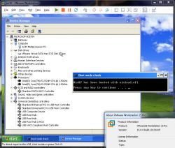 Windows XP Device Manager on a VMware Workstation virtual machine with a boot mode check message.
