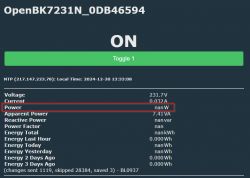 OpenBK7231N Control Panel with Power Error Screenshot of OpenBK7231N control panel showing voltage, current, and power reading as nanW.