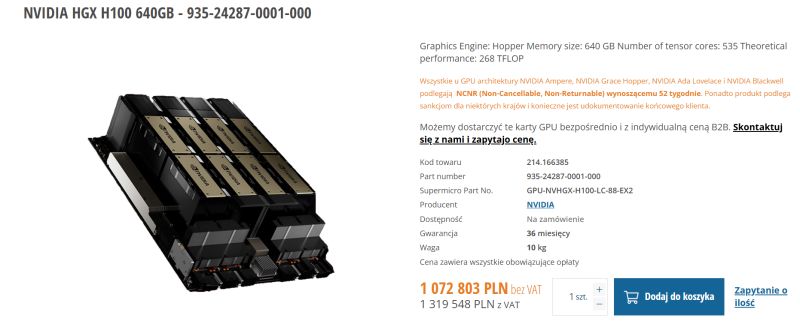 Moduł GPU NVIDIA HGX H100 640GB z ośmioma jednostkami GPU na czarnej płycie montażowej.