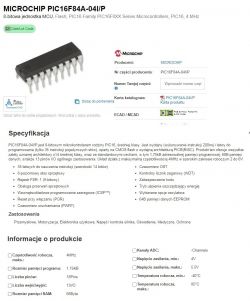 Specyfikacja mikroprocesora Microchip PIC16F84A-04I/P