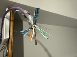 Rozpleciony kabel sieciowy z oplotem i odsłoniętymi metalowymi żyłami.