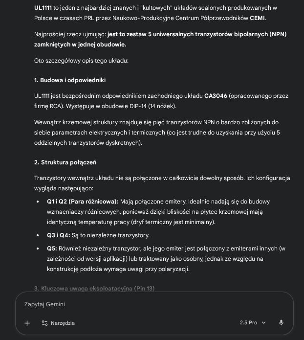 Tekstowy opis układu UL1111 przedstawiony w interfejsie Gemini