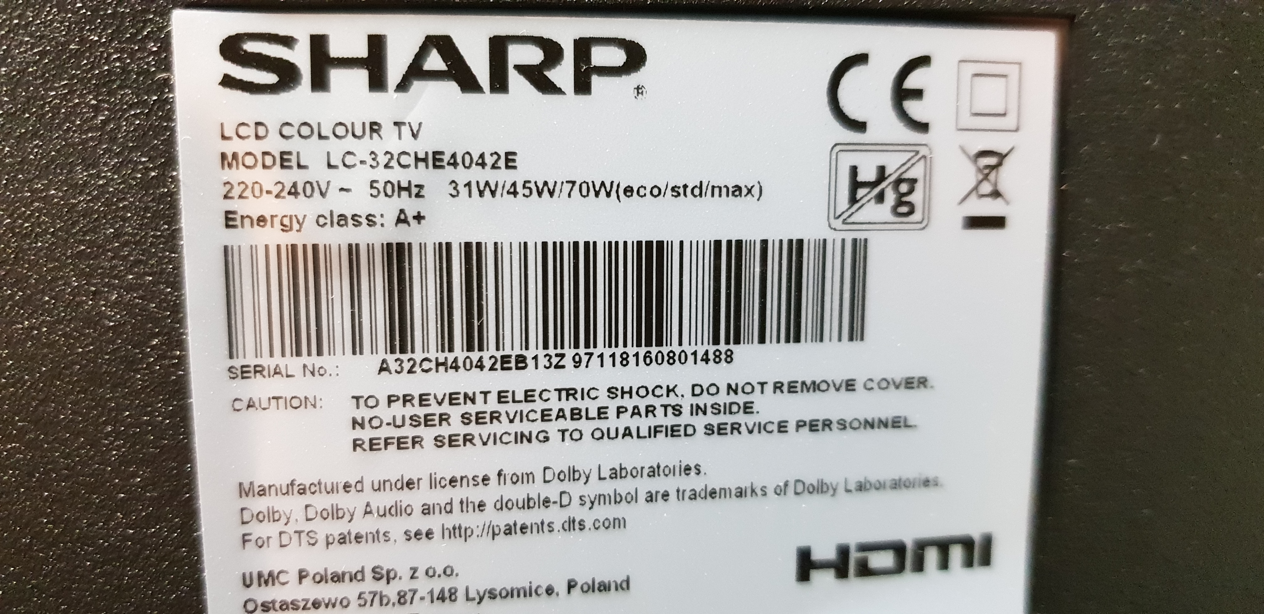 Nuovo Originale Sharp LC-32CHE4040E Telecomando TV