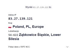 Zrzut ekranu z wynikiem wyszukiwania IP 83.27.139.121 i lokalizacją w Polsce