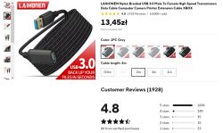 Zrzut ekranu oferty przedłużacza USB 3.0 LAIHONEN USB-A męski–żeński, 2 m, cena 13,45 zł