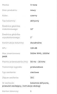 Tabela ze specyfikacją techniczną kolumny głośnikowej V-tone