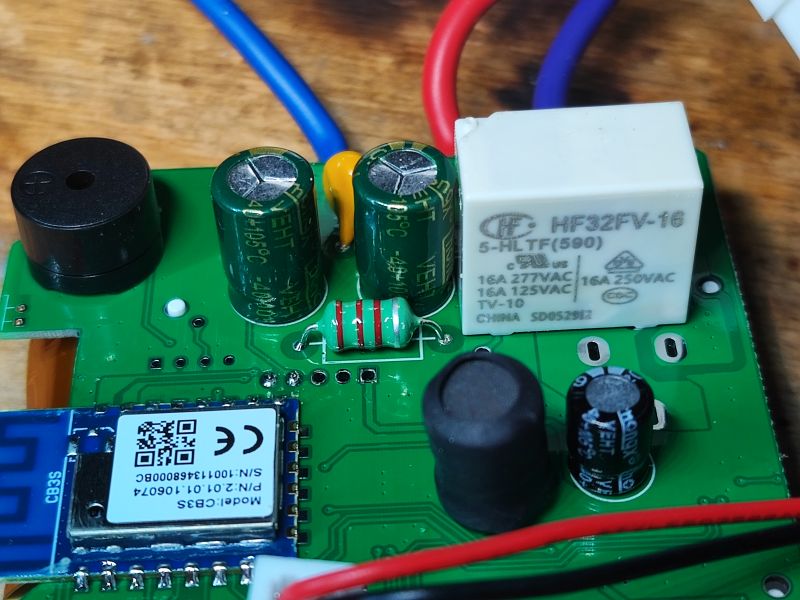 Interior of Device with CB3S Module and HF32FV-16 Relay View of the interior of the device's circuit board featuring a CB3S module and HF32FV-16 relay.