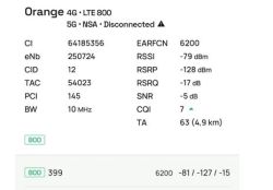 Zrzut ekranu z pomiarem Orange 4G LTE 800 i parametrami sygnału (RSSI, RSRP, RSRQ, SNR)