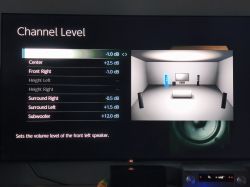 Menu poziomu kanałów systemu audio z wizualizacją układu głośników