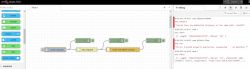 Screenshot showing the Node-RED interface with a flow diagram and debug messages.