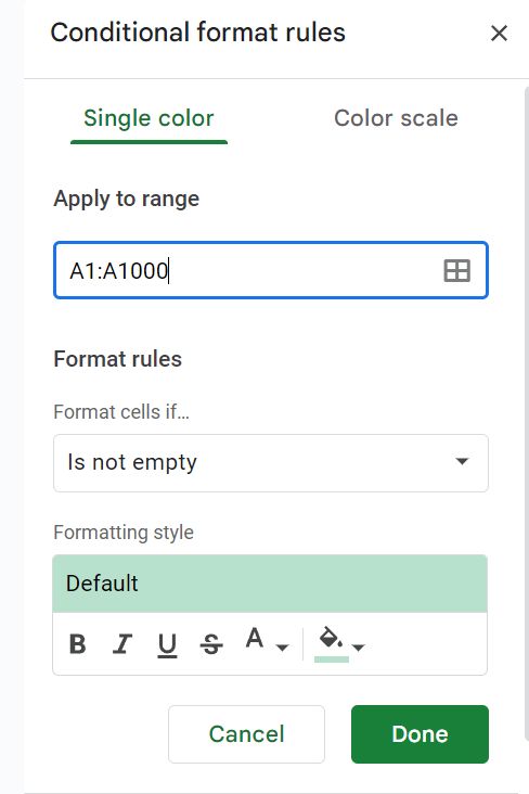 Zrzut ekranu okna formatowania warunkowego w Arkuszach Google