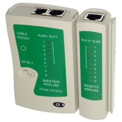 Tester kabli RJ45/RJ11 z modułem głównym i zdalnym, biała obudowa z zielonymi etykietami