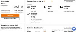 Screenshot showing the Orange Free prepaid account status with information on available balance and top-up options.