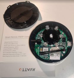 Opened AVATTO S16 PRO IR+RF remote with visible PCB and electronic components.
