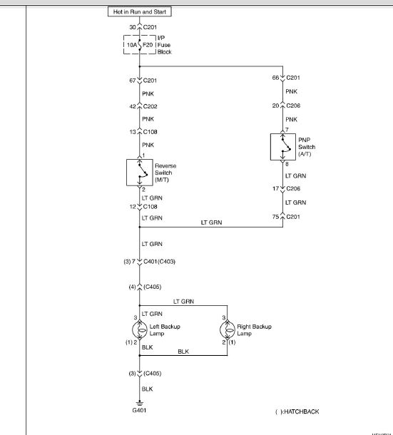 Schemat okablowania samochodowego przedstawiający połączenia w obwodzie lamp cofania.