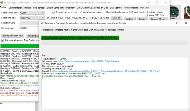 Screenshot of BK7231 Easy UART Flasher with download complete message for firmware