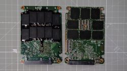 Two disassembled Intel SSDs showing chips and surface-mounted components on PCBs