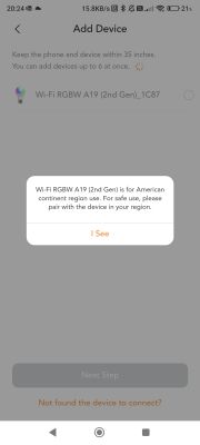 Device addition screen with a message about regional restriction for the Wi-Fi RGBW A19 (2nd Gen) bulb.
