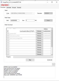 ImageTool_v2.3.2_AmebaD window with selected serial port COM4 and loading binary files.