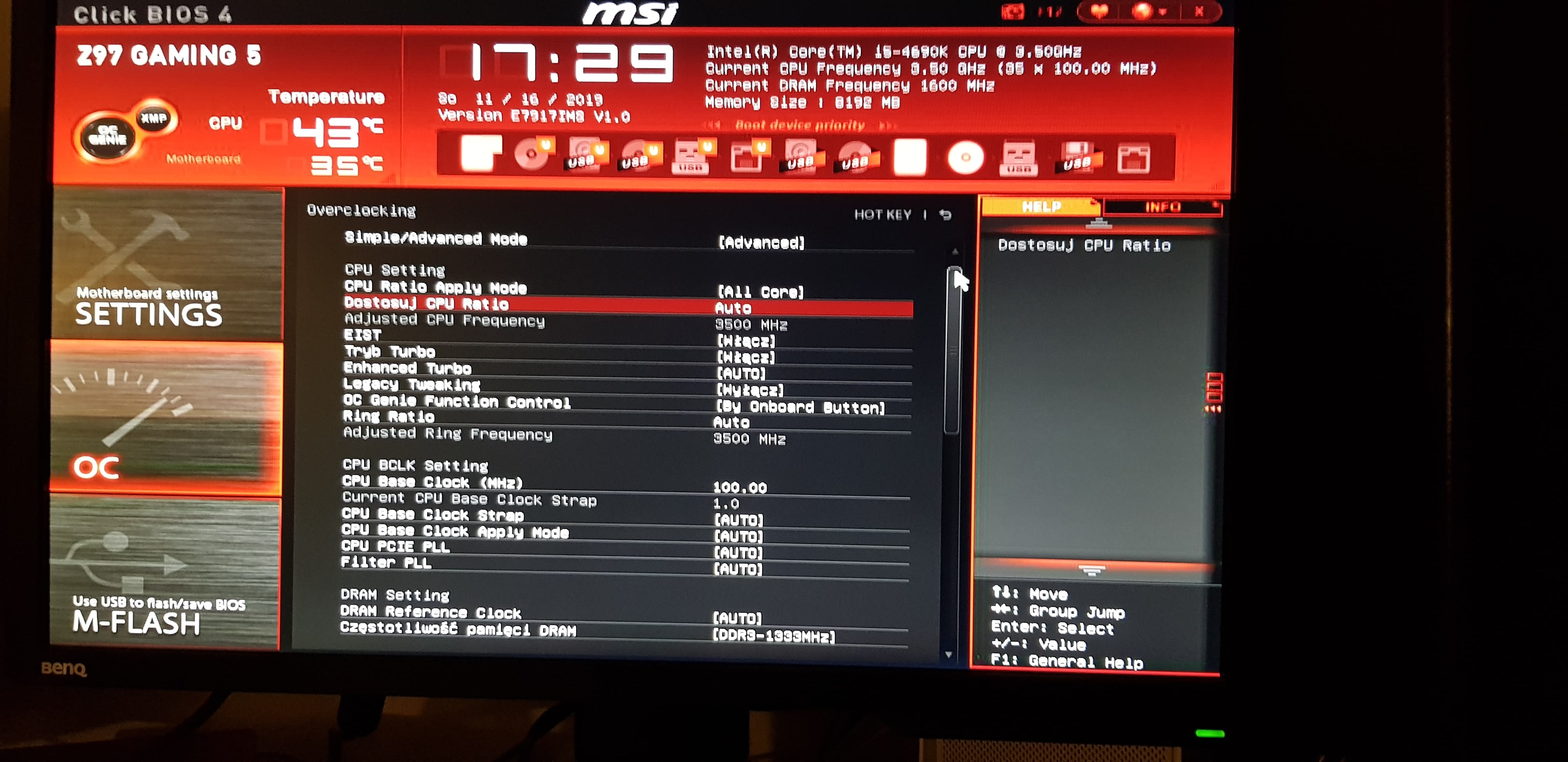 Nie mogę zmienić CPU RATIO na MANUAL w BIOS MSI GAMING 5, i5 4690K