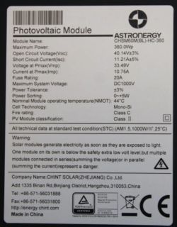 Tabliczka znamionowa modułu fotowoltaicznego Astronergy CHSM60M(BL)-HC-360 z parametrami technicznymi.