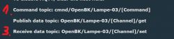 Das Bild zeigt einen Teil der MQTT-Konfiguration für ein Gerät namens Lampe-03. Es gibt drei Themen: Befehl, Veröffentlichungs- und Empfangsdaten.