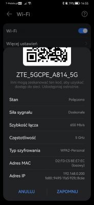 Ekran ustawień Wi-Fi z informacjami o połączeniu sieciowym ZTE_5GCPE_A814_5G.
