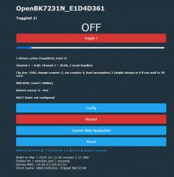 User interface of OpenBK7231N system with buttons and device status information.