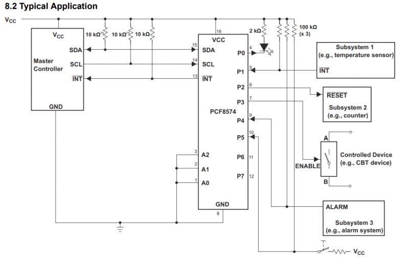 Typical Application of PCF8574 Diagram of PCF8574 application with connected resistors and devices.