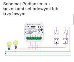 Tuya Installation Diagram with Staircase or Crossover Switches Diagram of Tuya Wi-Fi module connection with two lighting circuits and staircase or crossover switches.