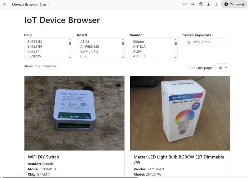 AI-Generated IoT Database Browser Screenshot of a web page showing an AI-generated IoT device database browser with filters, buttons, and a data table.