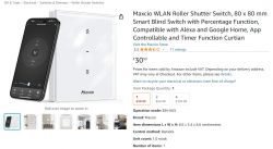 Maxcio WLAN roller shutter switch and smartphone app interface.