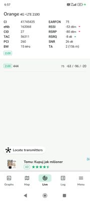 Zrzut ekranu z aplikacji NetMonster z parametrami LTE 2100 MHz od Orange
