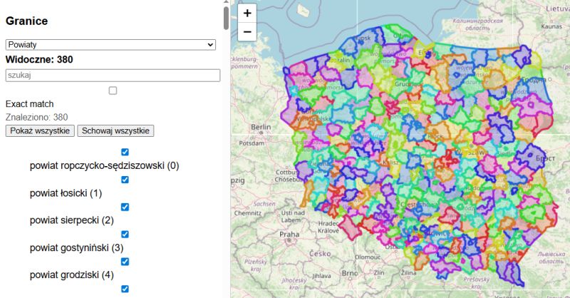 Map interface with Poland's county borders, 380 colored polygons over OSM background