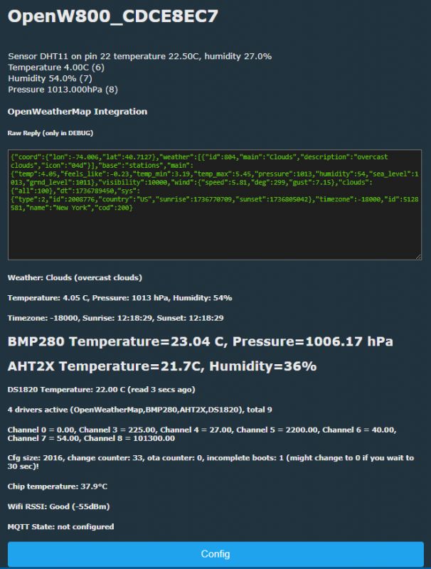 OpenW800 Interface with Sensor and Weather Integration OpenW800 interface displaying sensor data and weather integration.