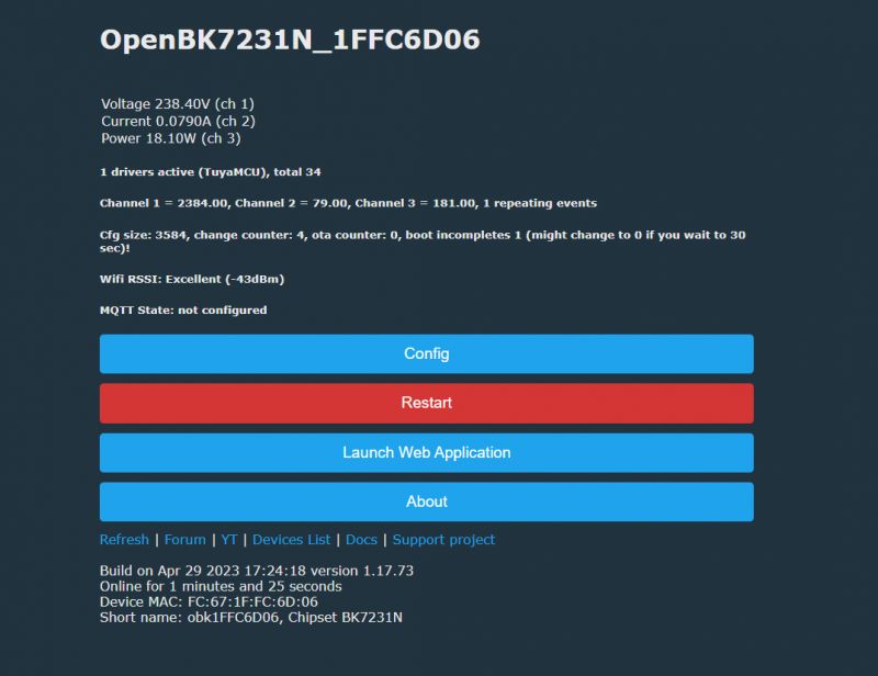 Screenshot of the OpenBK7231N control panel.