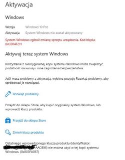 Zrzut ekranu z błędem aktywacji Windows 10 Pro.