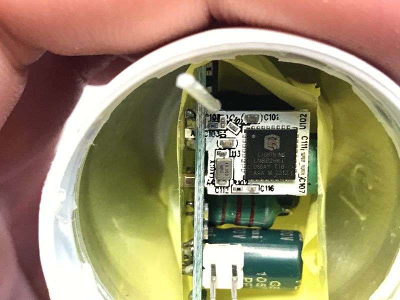 LN882HK WiFi Module Inside LED Bulb Close-up of the LN882HK WiFi module inside an LED light bulb housing.