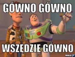 Kadr z filmu animowanego z dodanym tekstem Gówno gówno wszędzie gówno.