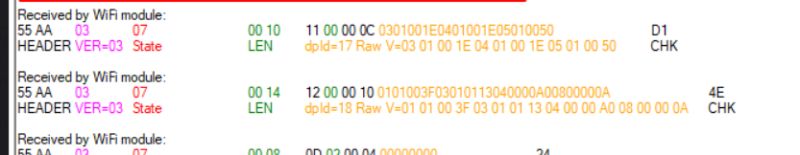 Screenshot showing raw TuyaMCU packet data received by a WiFi module, displayed in hexadecimal with highlighted field names and values.