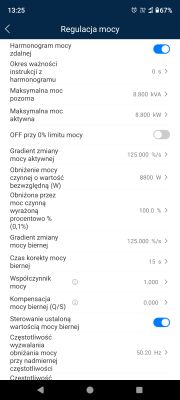 Power regulation settings screen in an app showing various parameters.